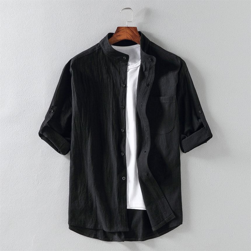 Elbow-Sleeve Stand Collar Linen Plain Shirt