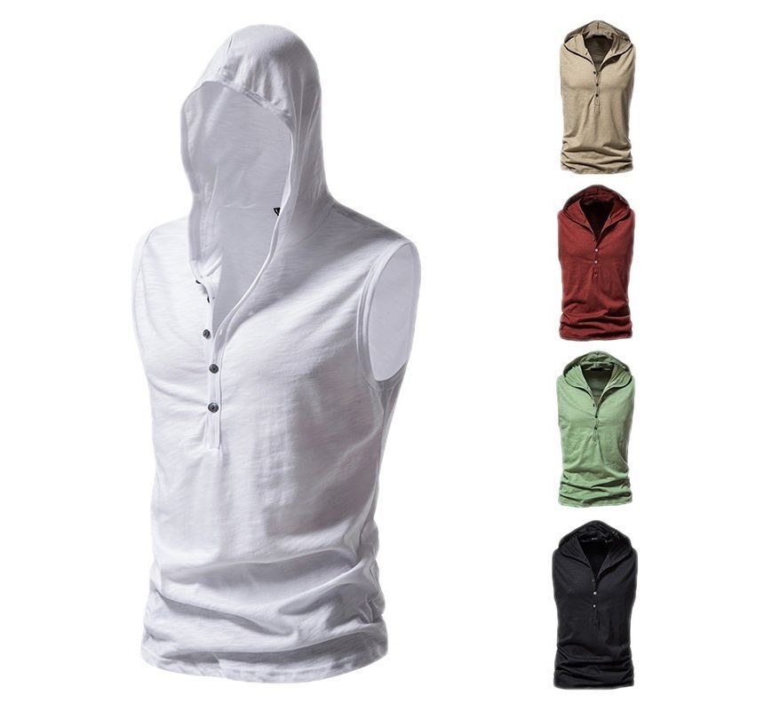 Sleeveless Hooded Henley Plain Top