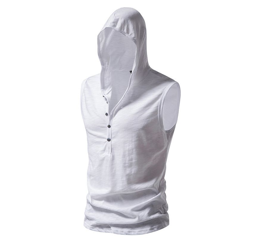Sleeveless Hooded Henley Plain Top