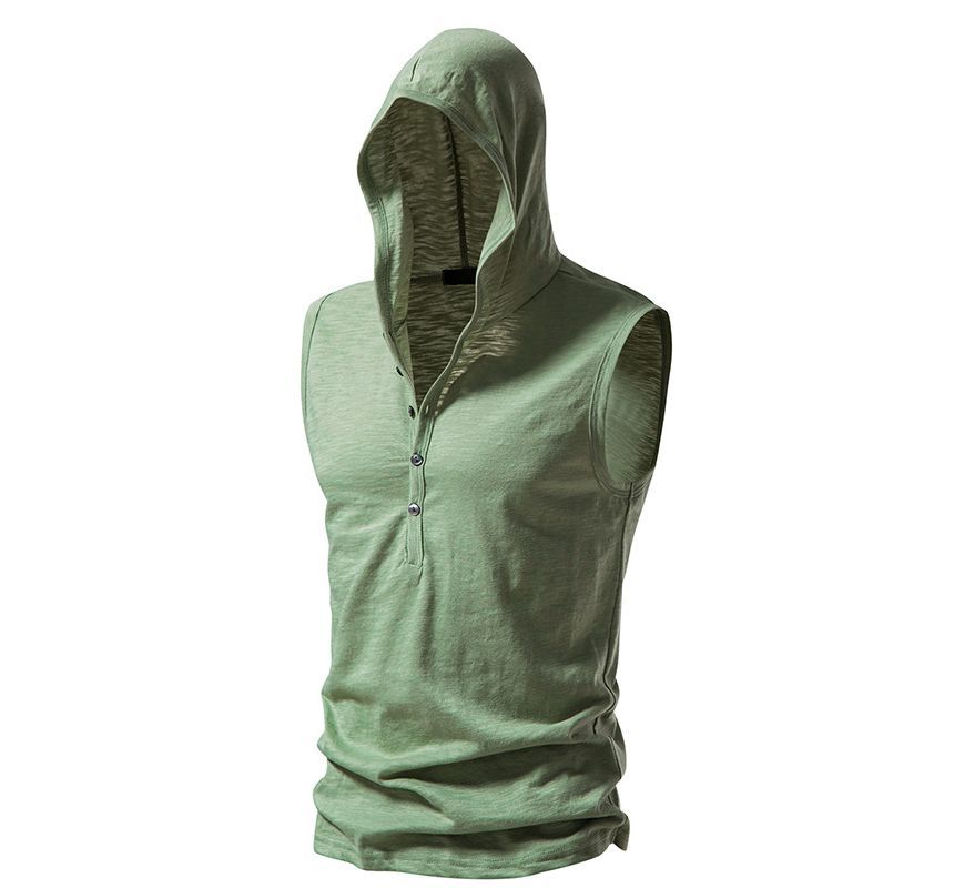 Sleeveless Hooded Henley Plain Top