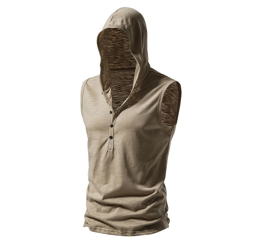Sleeveless Hooded Henley Plain Top
