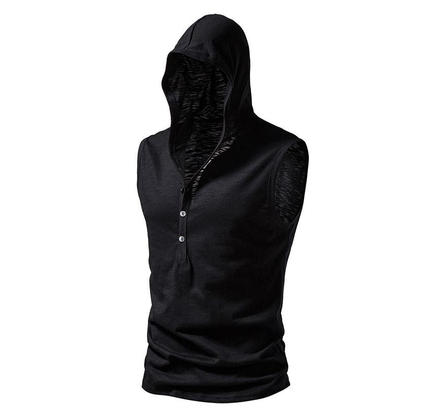 Sleeveless Hooded Henley Plain Top