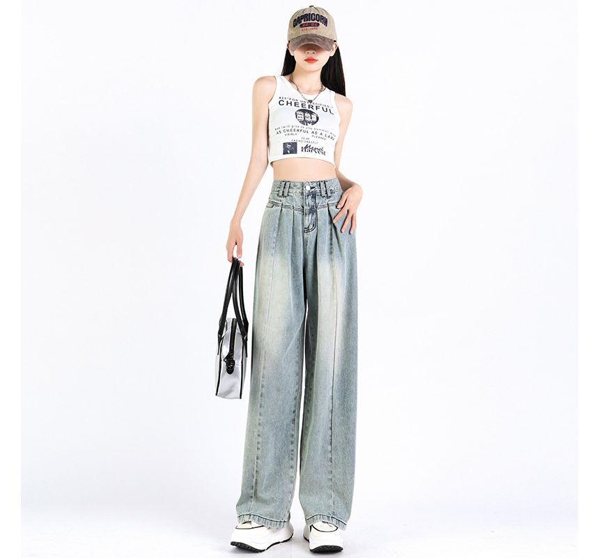 High Waist Washed Pleated Wide Leg Jeans (Various Designs)