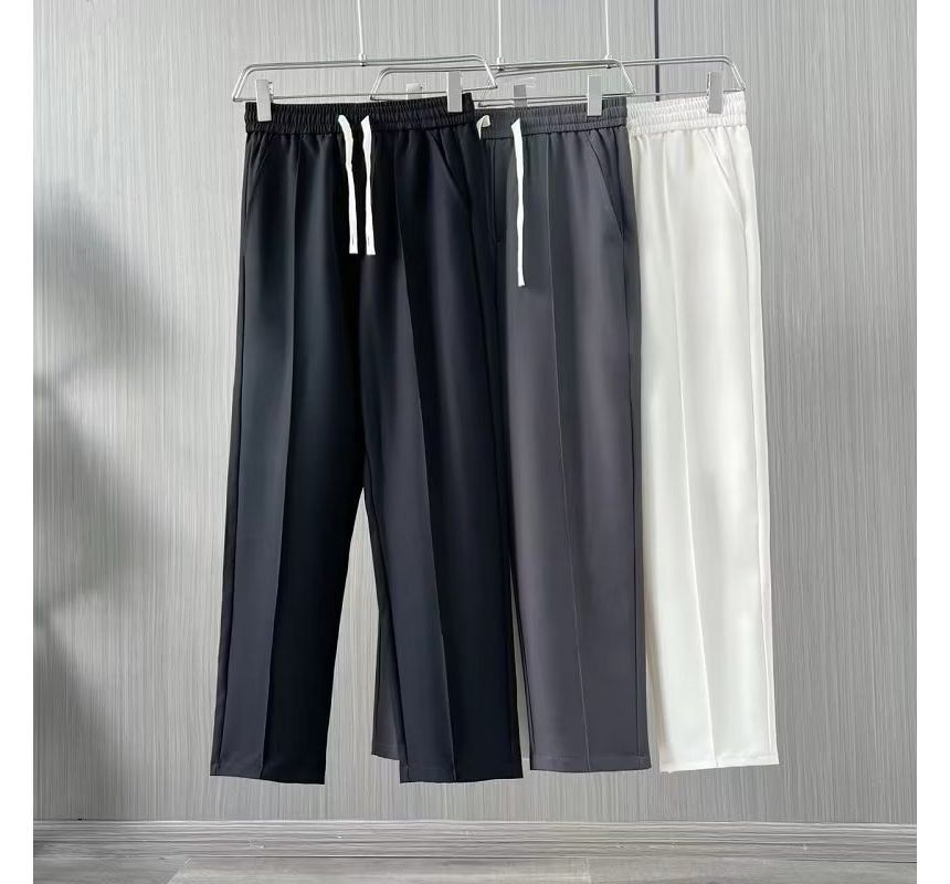Drawstring Waist Plain Cropped Straight Leg Suit Pants