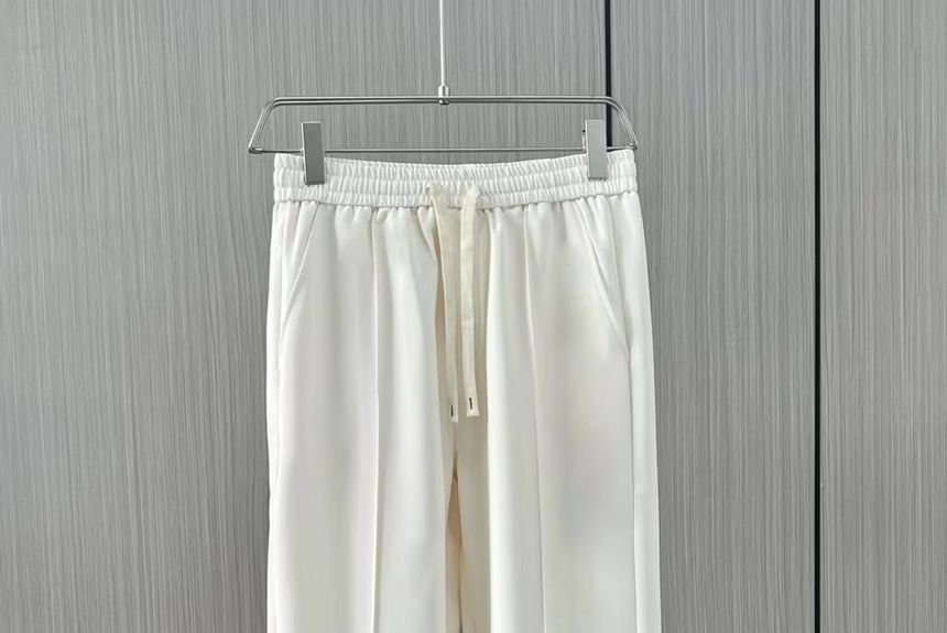 Drawstring Waist Plain Cropped Straight Leg Suit Pants
