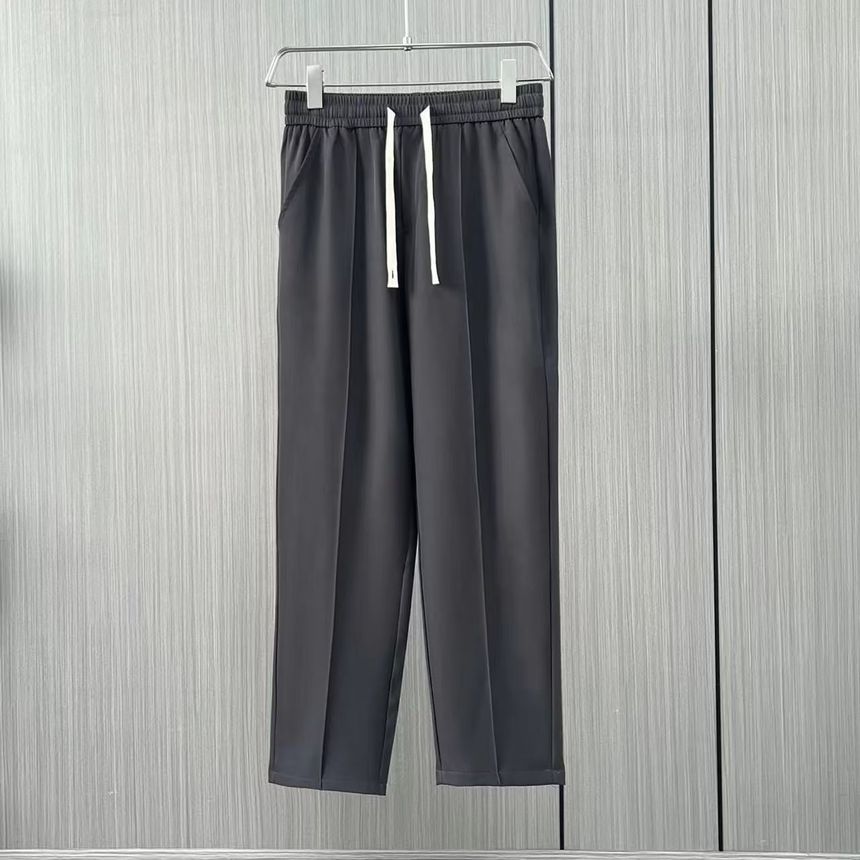 Drawstring Waist Plain Cropped Straight Leg Suit Pants