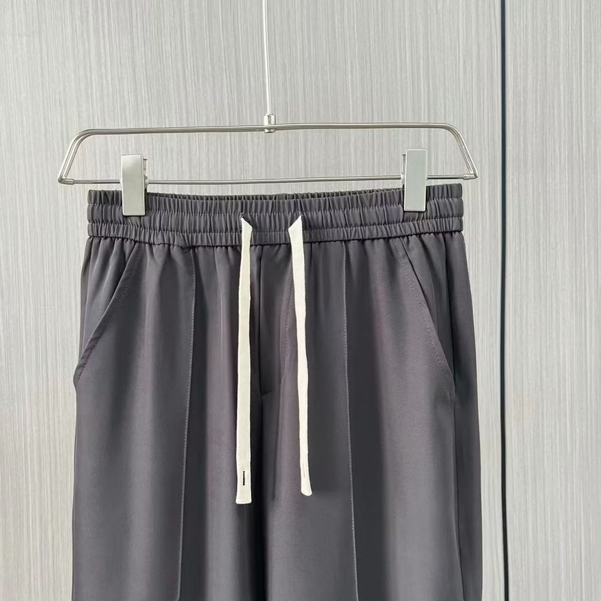 Drawstring Waist Plain Cropped Straight Leg Suit Pants