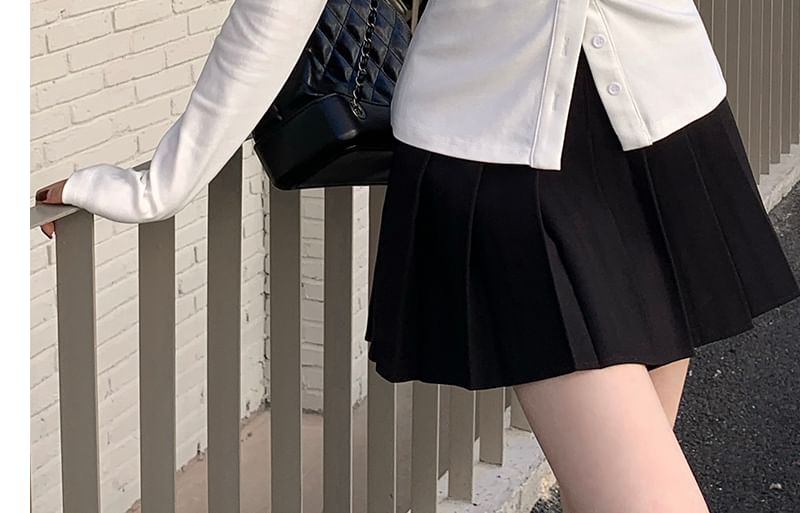 Long-Sleeve Plain Ruched Button-Up Slim Fit Shirt / High Rise Pleated Mini A-Line Skirt