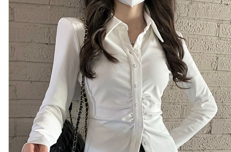 Long-Sleeve Plain Ruched Button-Up Slim Fit Shirt / High Rise Pleated Mini A-Line Skirt