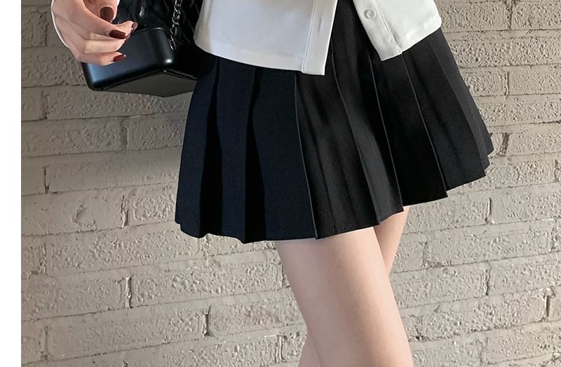 Long-Sleeve Plain Ruched Button-Up Slim Fit Shirt / High Rise Pleated Mini A-Line Skirt