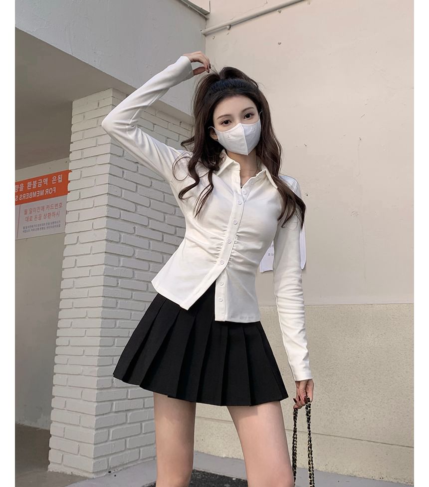 Long-Sleeve Plain Ruched Button-Up Slim Fit Shirt / High Rise Pleated Mini A-Line Skirt