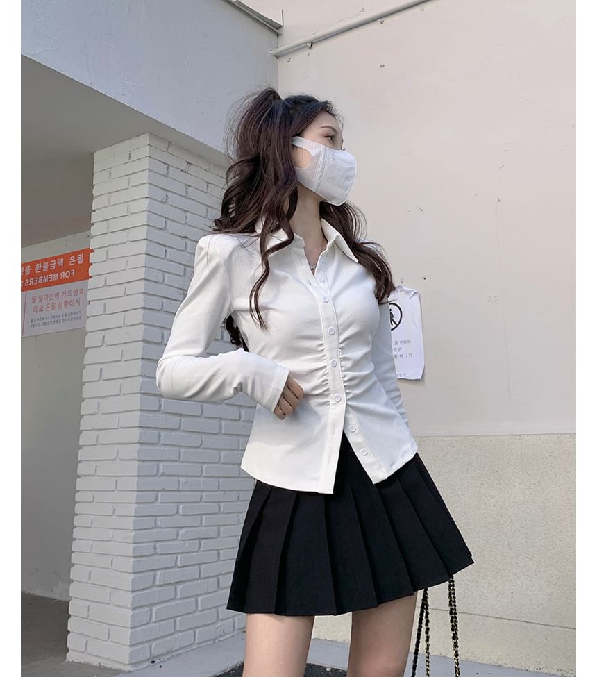 Long-Sleeve Plain Ruched Button-Up Slim Fit Shirt / High Rise Pleated Mini A-Line Skirt