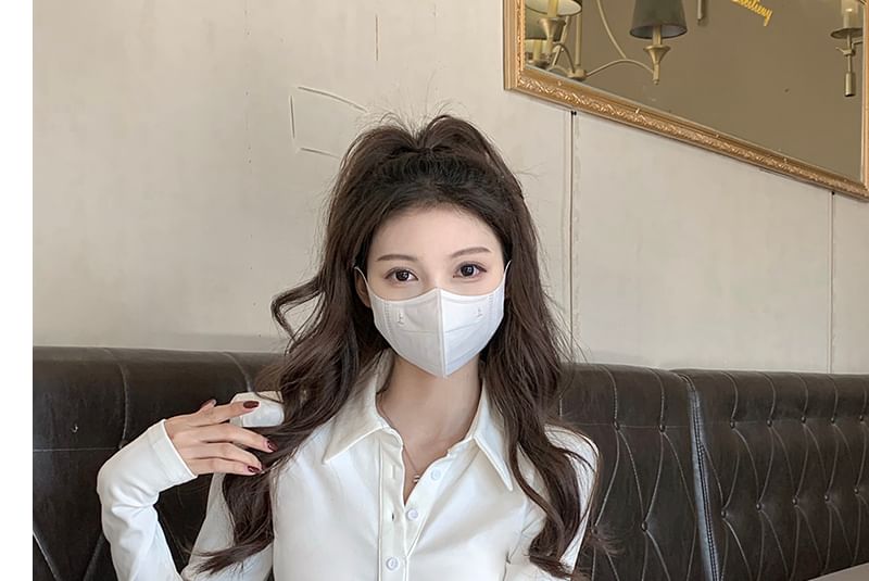 Long-Sleeve Plain Ruched Button-Up Slim Fit Shirt / High Rise Pleated Mini A-Line Skirt