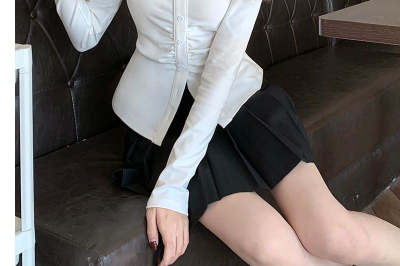 Long-Sleeve Plain Ruched Button-Up Slim Fit Shirt / High Rise Pleated Mini A-Line Skirt