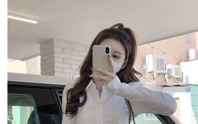 Long-Sleeve Plain Ruched Button-Up Slim Fit Shirt / High Rise Pleated Mini A-Line Skirt