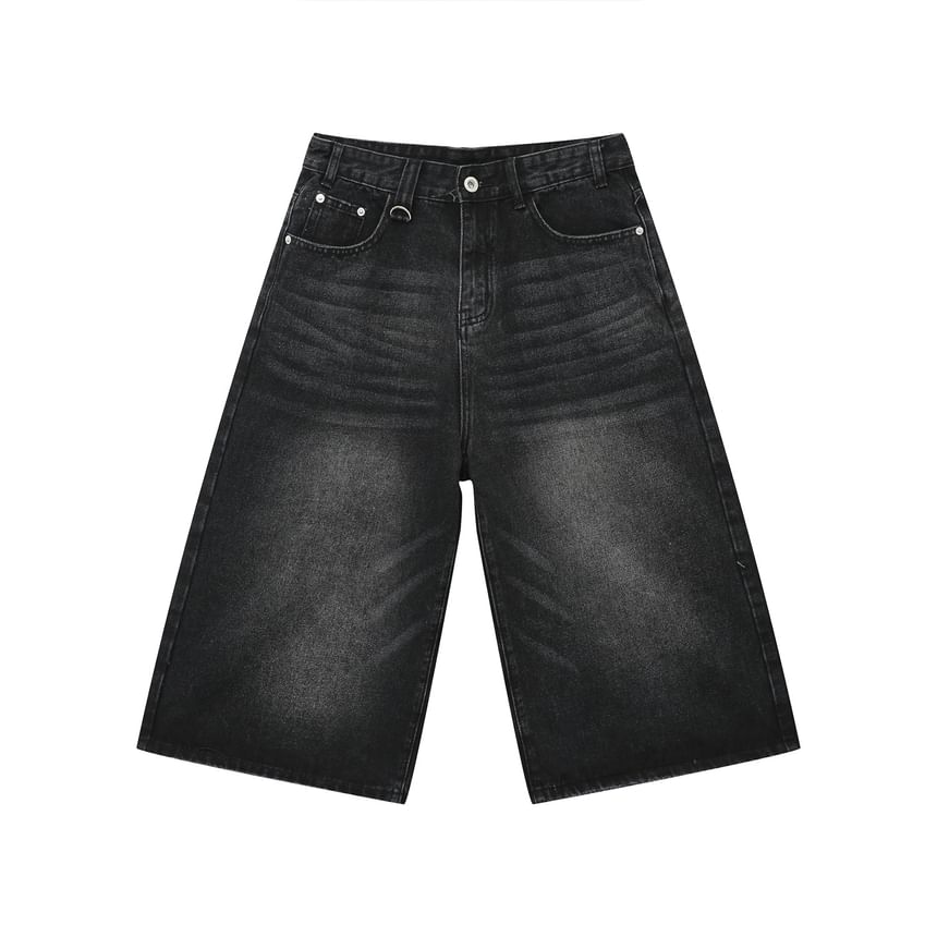 Mid Rise Washed Capri Wide Leg Jeans