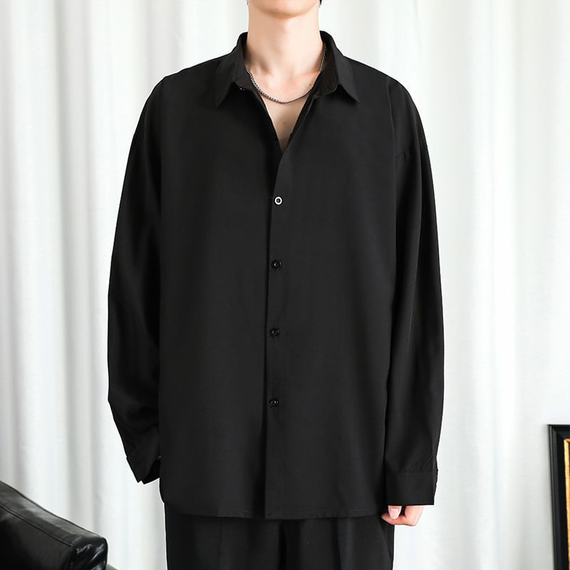 Long-Sleeve Plain Button-Up Shirt