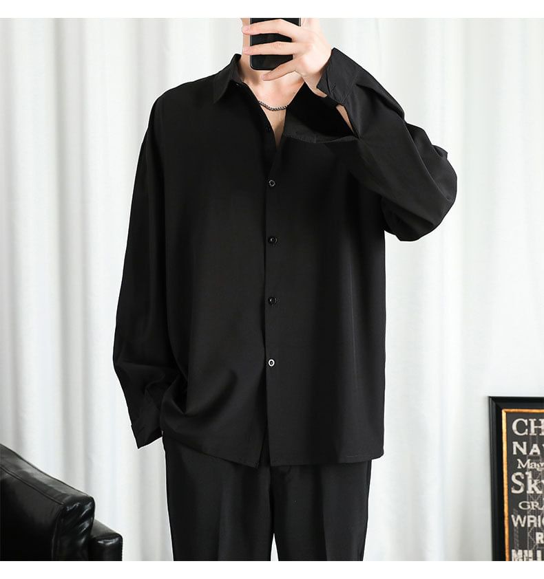 Long-Sleeve Plain Button-Up Shirt