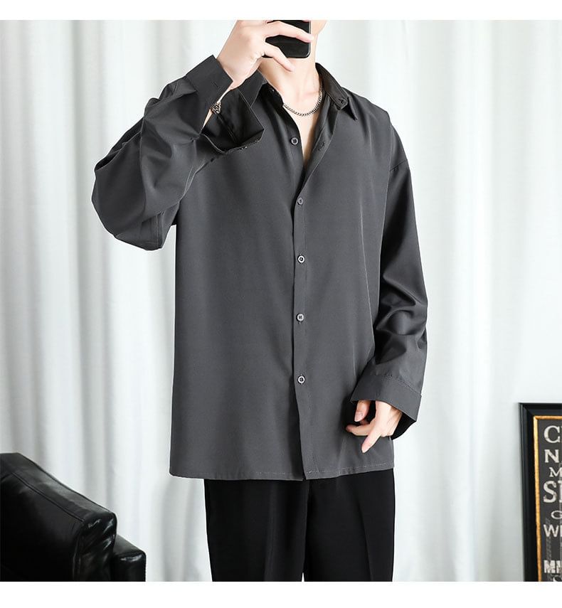 Long-Sleeve Plain Button-Up Shirt