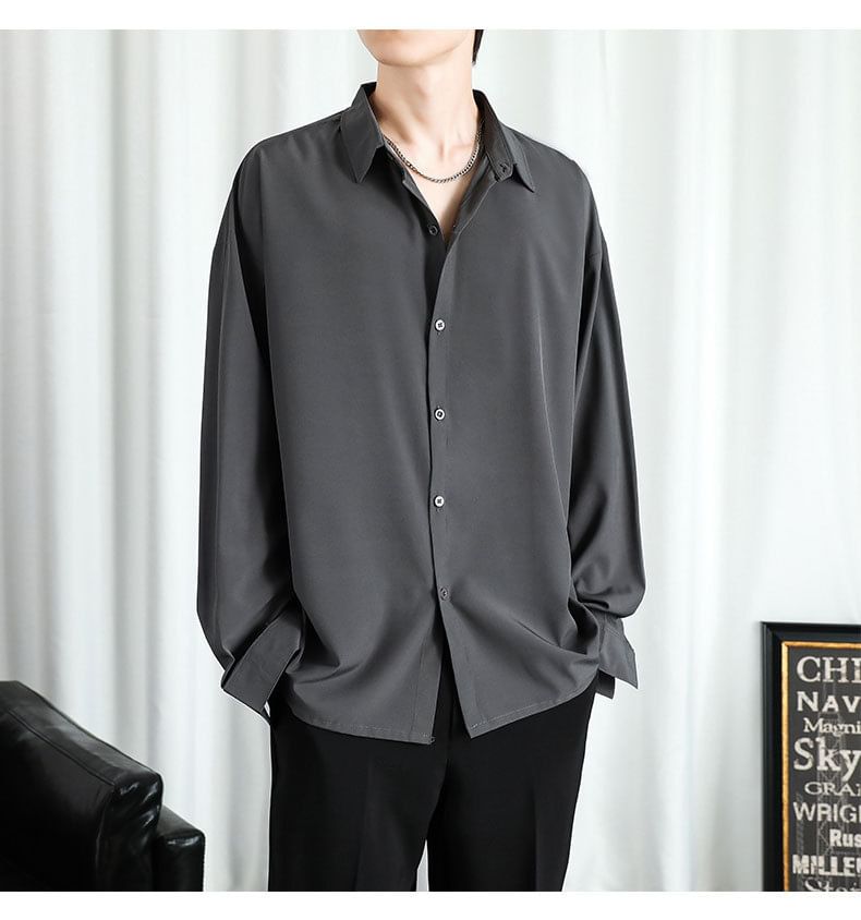 Long-Sleeve Plain Button-Up Shirt