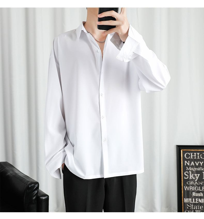 Long-Sleeve Plain Button-Up Shirt