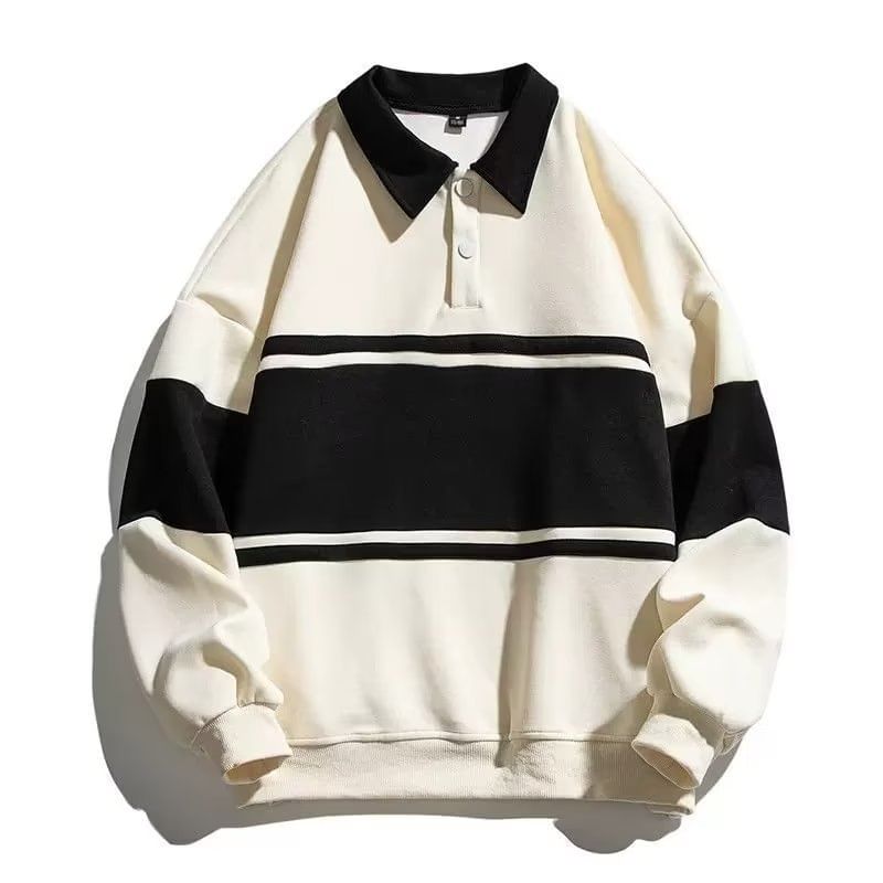 Long-Sleeve Striped Polo-Neck Sweatshirt