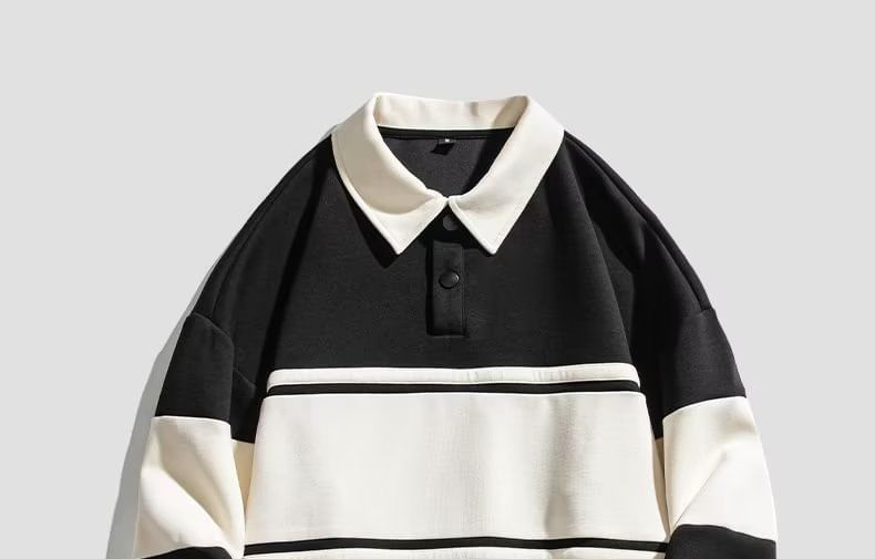 Long-Sleeve Striped Polo-Neck Sweatshirt