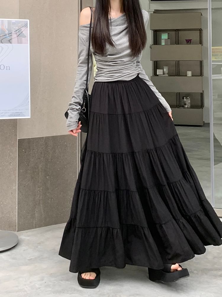 Elastic Waist Plain Tiered Maxi A-Line Skirt