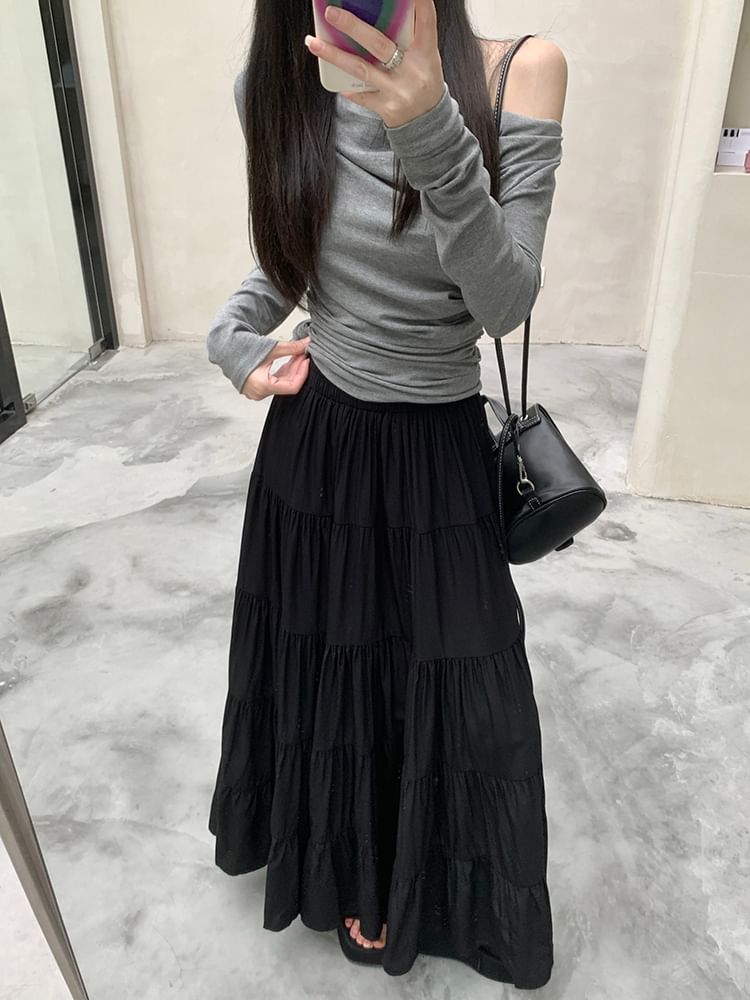 Elastic Waist Plain Tiered Maxi A-Line Skirt