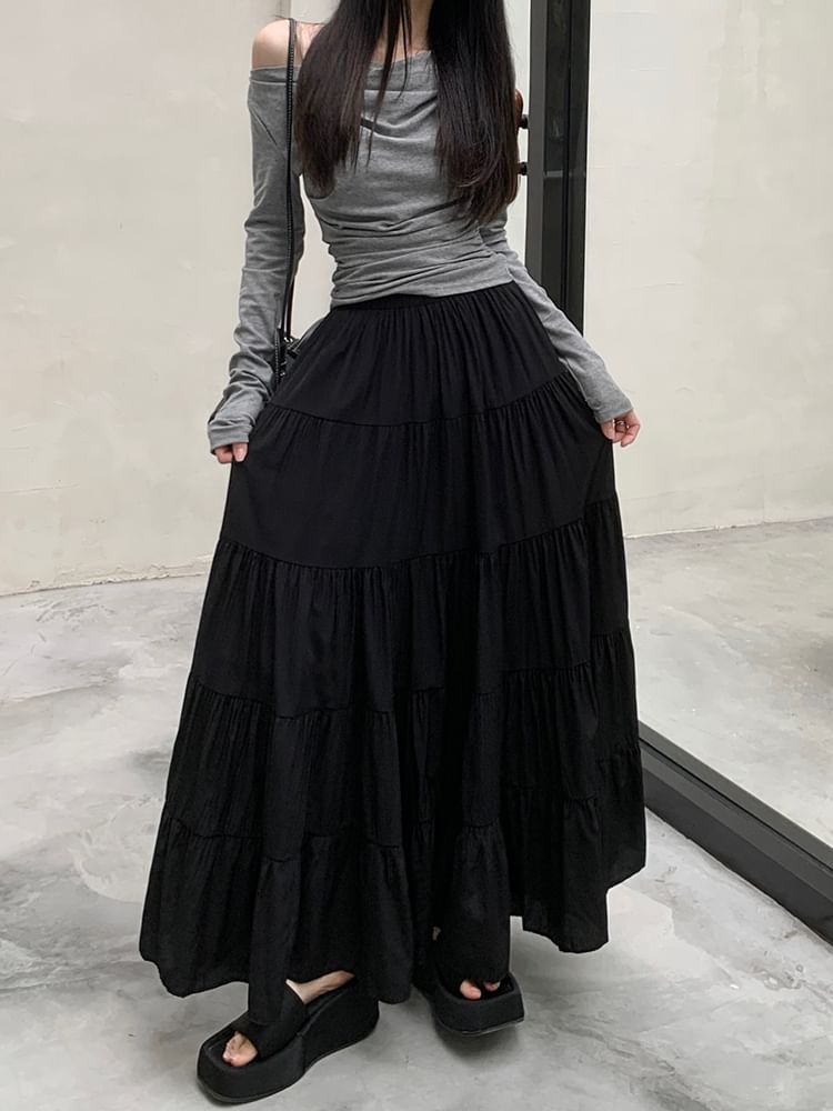 Elastic Waist Plain Tiered Maxi A-Line Skirt