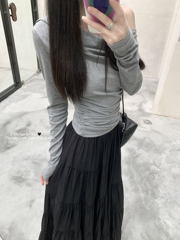 Elastic Waist Plain Tiered Maxi A-Line Skirt