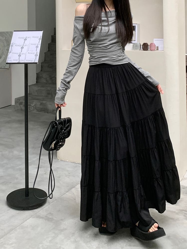 Elastic Waist Plain Tiered Maxi A-Line Skirt