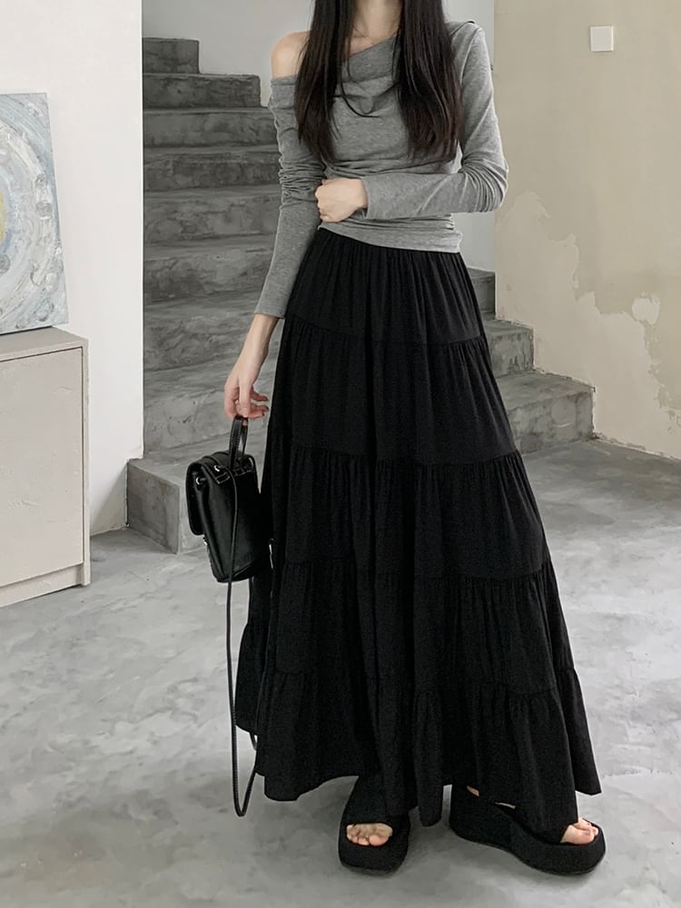 Elastic Waist Plain Tiered Maxi A-Line Skirt