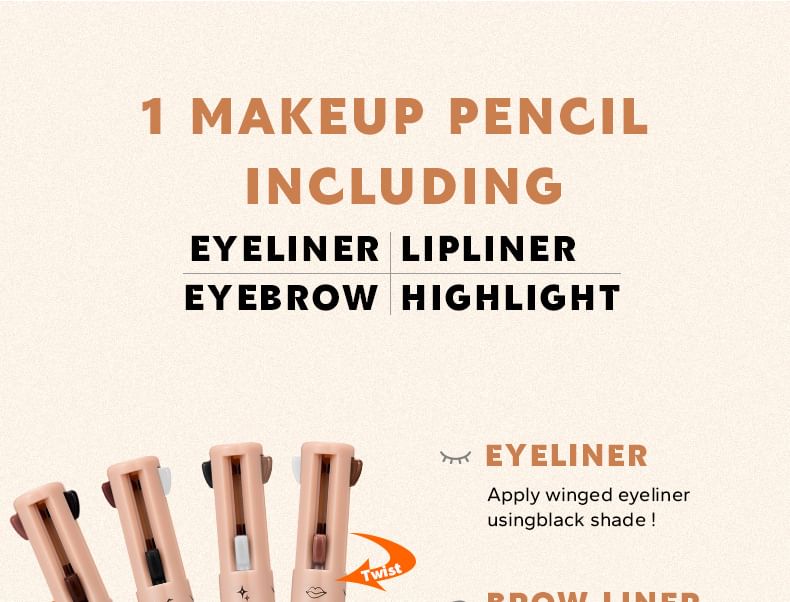4 in 1 Makeup Pen (Highlighter / Eyeliner / Eyebrow / Lip Liner)