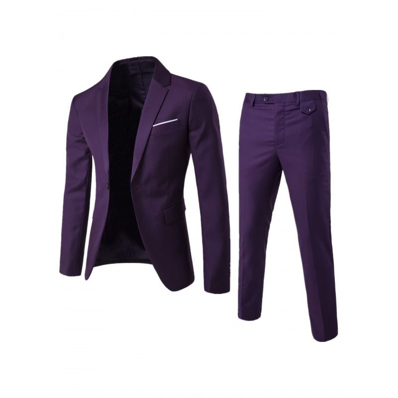 Set: Lapel Collar Contrast Trim One-Buttoned Blazer + Mid Rise Straight Leg Dress Pants