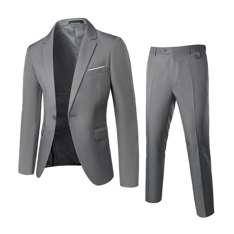 Set: Lapel Collar Contrast Trim One-Buttoned Blazer + Mid Rise Straight Leg Dress Pants