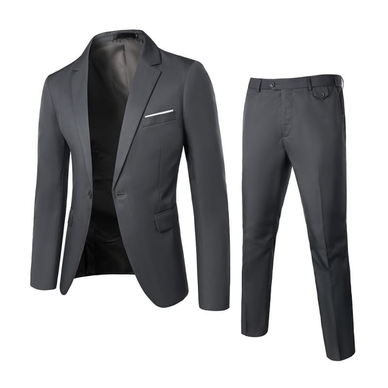 Set: Lapel Collar Contrast Trim One-Buttoned Blazer + Mid Rise Straight Leg Dress Pants