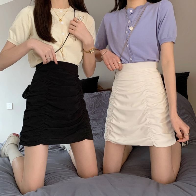 High Rise Plain Ruched Mini Pencil Skirt
