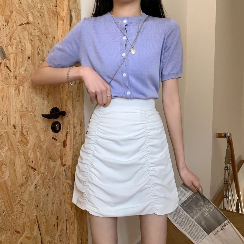 High Rise Plain Ruched Mini Pencil Skirt