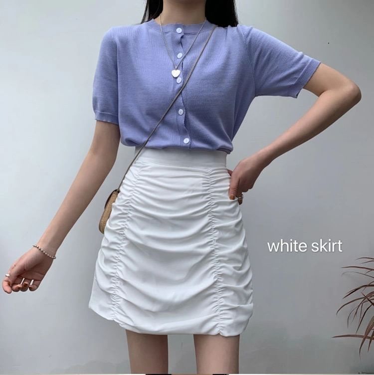 High Rise Plain Ruched Mini Pencil Skirt