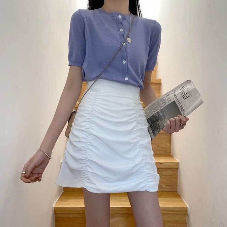 High Rise Plain Ruched Mini Pencil Skirt