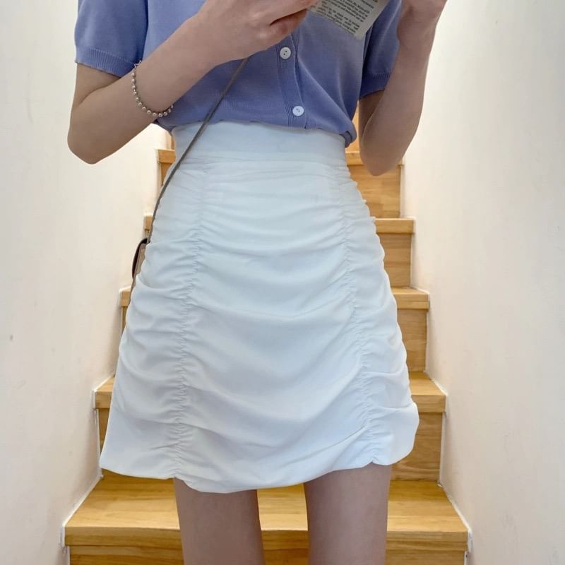 High Rise Plain Ruched Mini Pencil Skirt