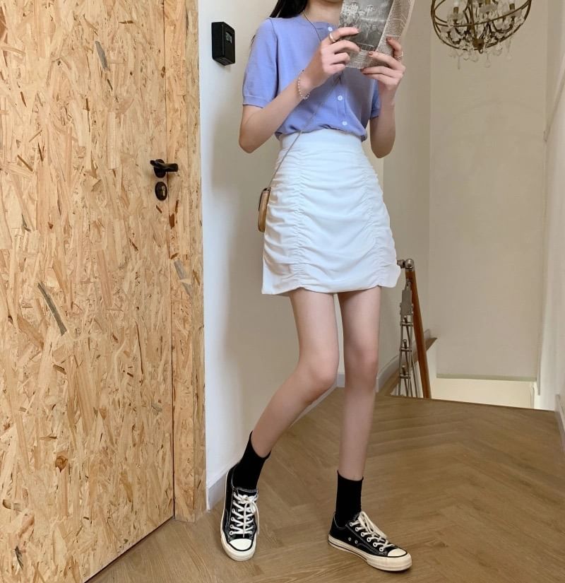 High Rise Plain Ruched Mini Pencil Skirt