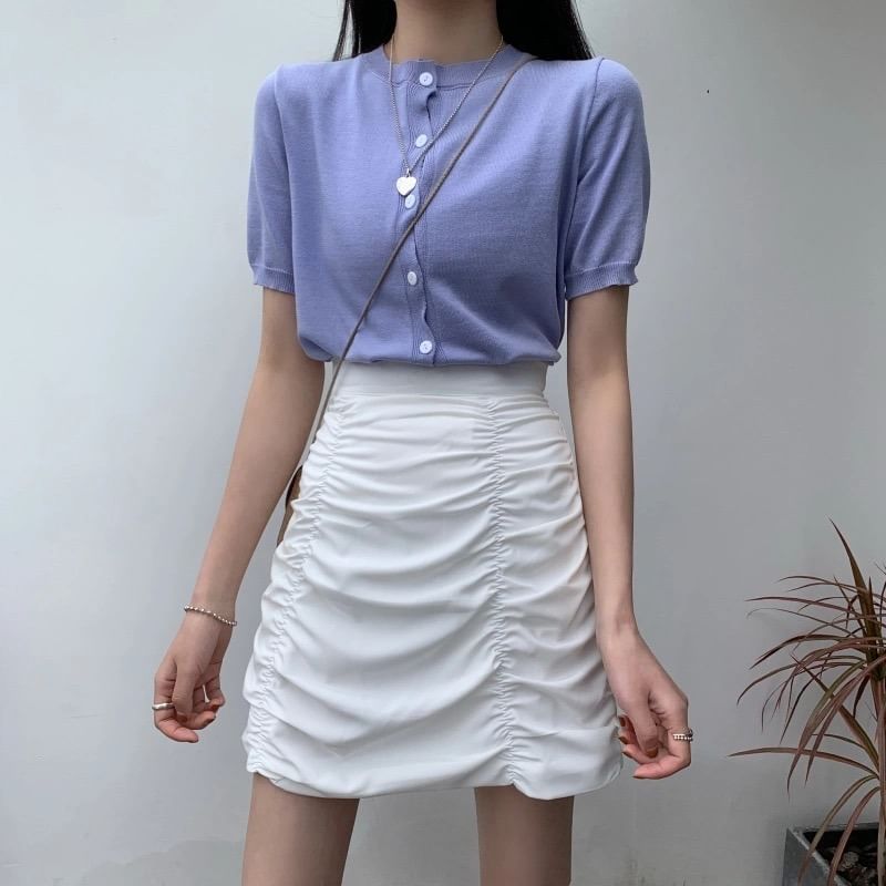 High Rise Plain Ruched Mini Pencil Skirt