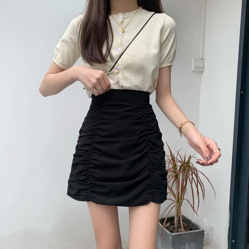 High Rise Plain Ruched Mini Pencil Skirt