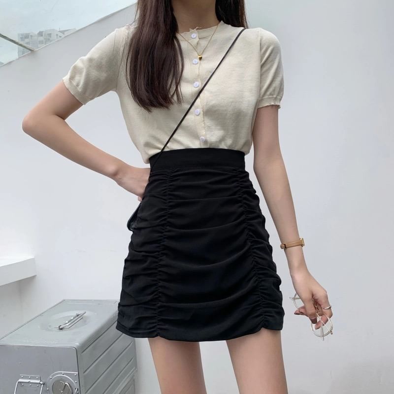 High Rise Plain Ruched Mini Pencil Skirt
