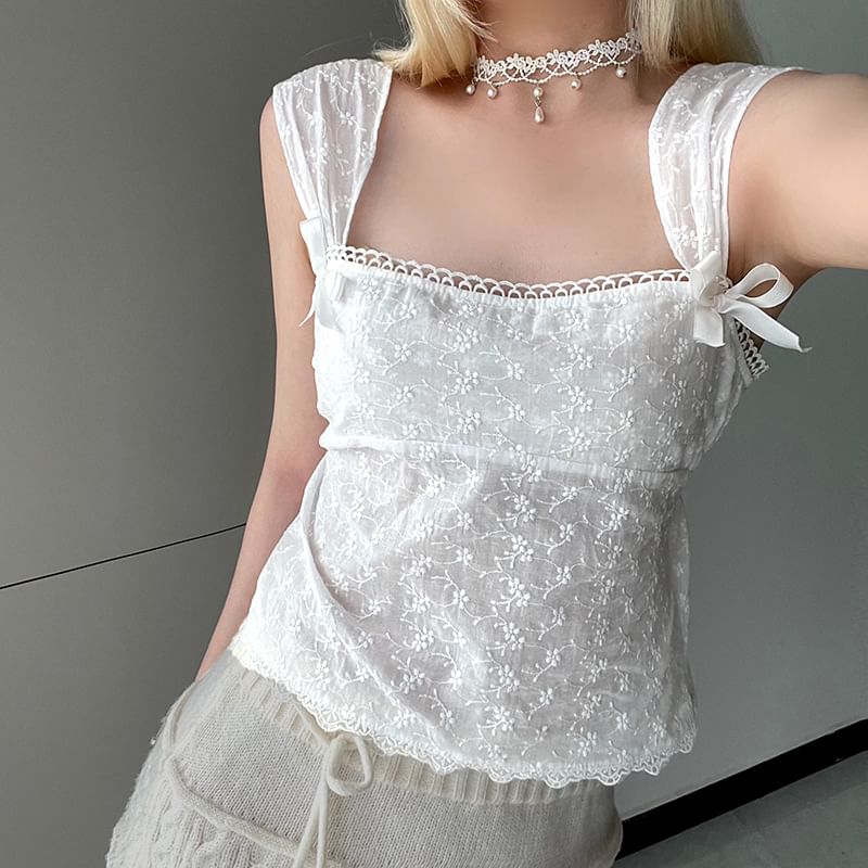 Square-Neck Ribbon Floral Embroidered Crop Tank Top