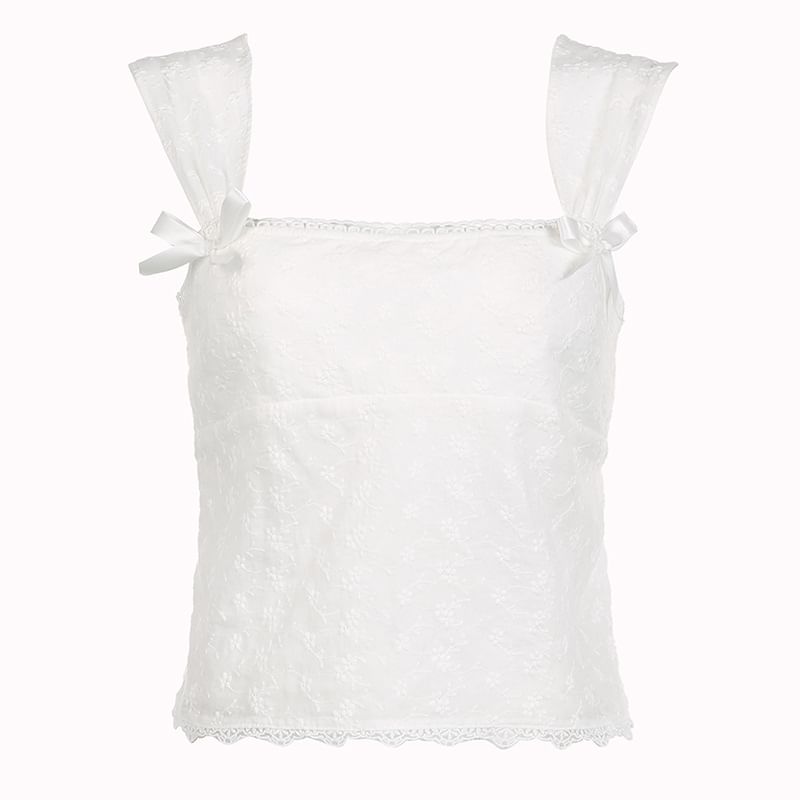 Square-Neck Ribbon Floral Embroidered Crop Tank Top