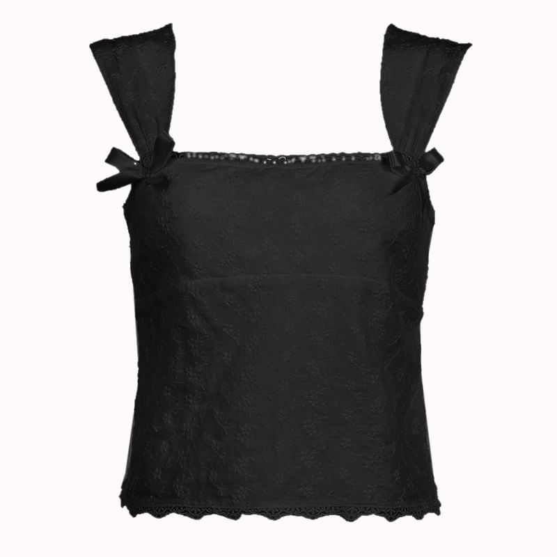 Square-Neck Ribbon Floral Embroidered Crop Tank Top