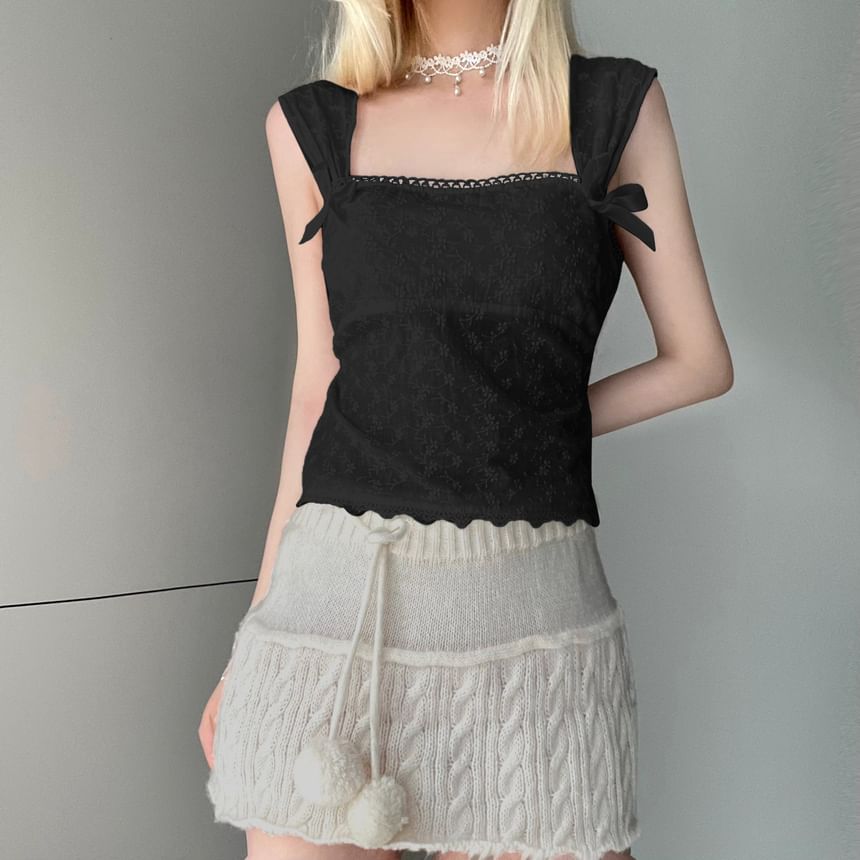 Square-Neck Ribbon Floral Embroidered Crop Tank Top